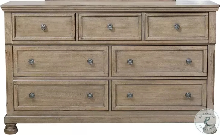 Seven-Drawer Dresser with Gray Wire Brushed Finish & Bun Feet