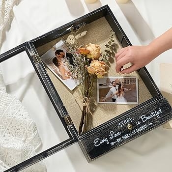 Shadow Box Frame Black Wood Hinged Linen Back and Wedding Sentiment Text