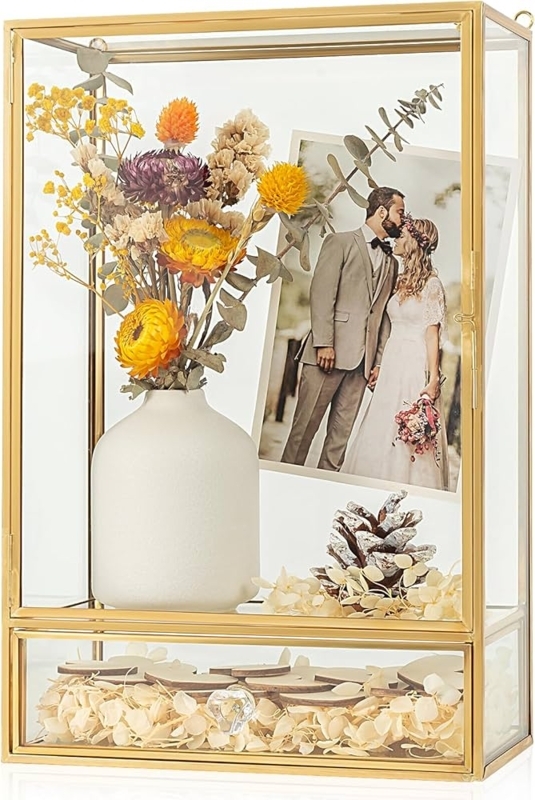 Shadow Box Gold-Toned Metal with Integrated Drawer Glass Glam Display