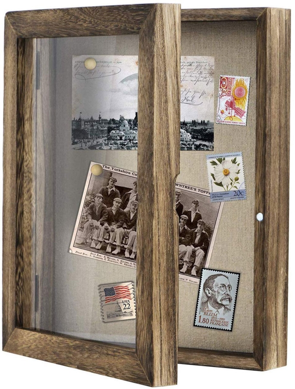 Shadow Box Rustic Wood Frame with Hinged Door and Linen Pinning Surface