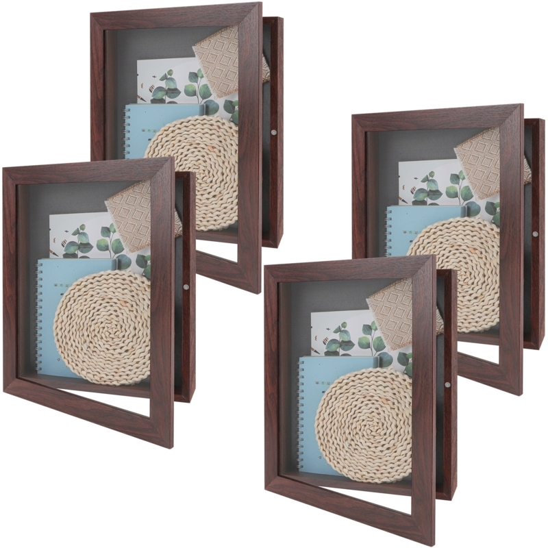 Shadow Box Set 4 Pack 11x14 Dark Wood Hinged Door 2-Inch Depth Display