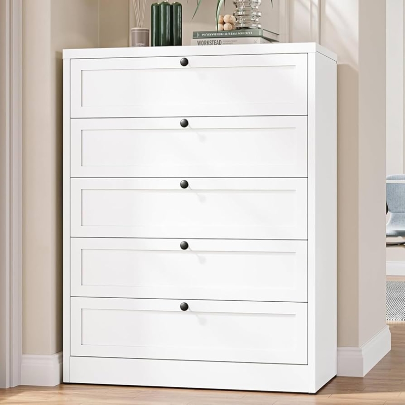 Shaker Style Chest of Drawers, Recessed Panels, Tall White Storage