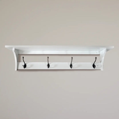 Shaker Style Wall Mounted Coat Rack with Top Shelf and Black Hooks.