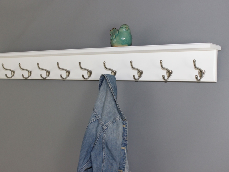 Shaker Wall Coat Rack with Top Shelf and Nine Satin Nickel Hooks.