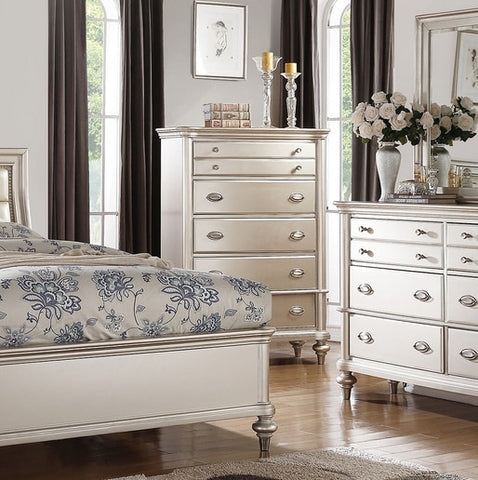 Shimmering Silver Chest Of Drawers with Traditional Bun Feet