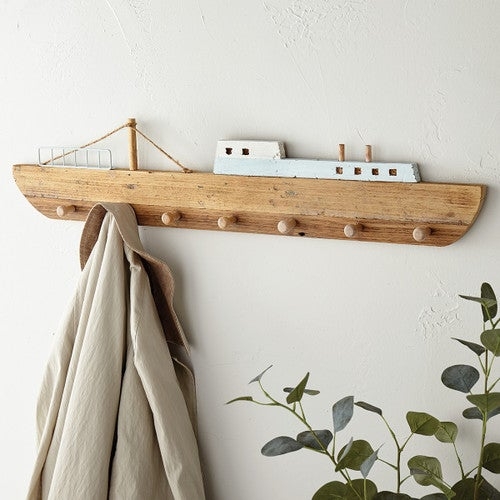 Ship Silhouette Wall Coat Rack Rope Rigging Peg Hooks Rustic