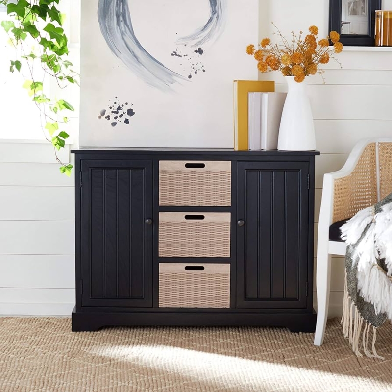 Sideboard Black Woven Basket Drawers Slatted Doors Modern Farmhouse