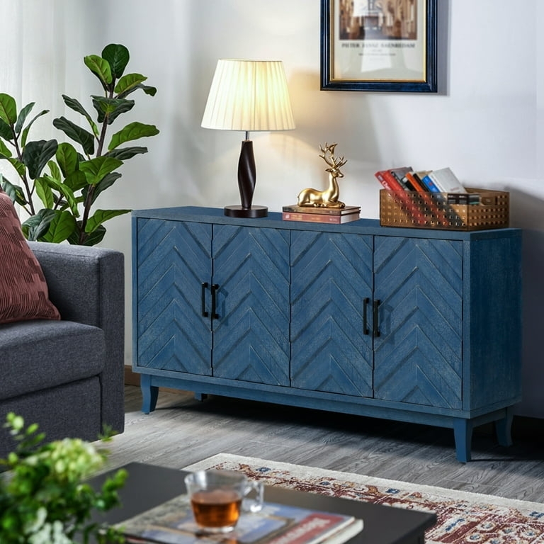 Sideboard Chevron Pattern Navy Blue Four Doors Matte Finish Vertical Pulls