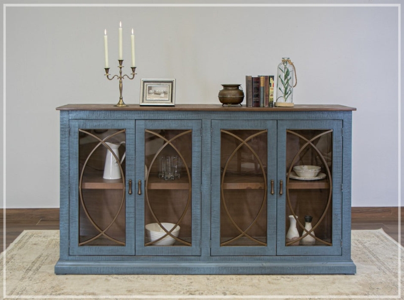 Sideboard Curved Mullions Distressed Blue Finish Glass Front Rustic Modern