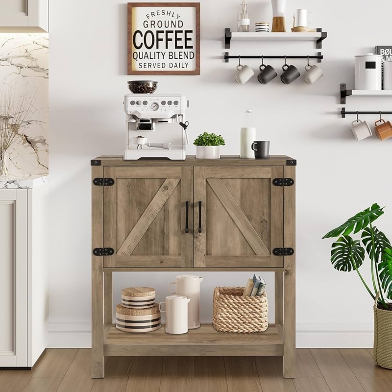 Sideboard for Coffee Bar with Rustic Brown Finish and Black Hinges