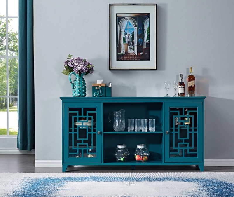 Sideboard Geometric Fretwork Vibrant Teal Open Central Shelving Glass Doors
