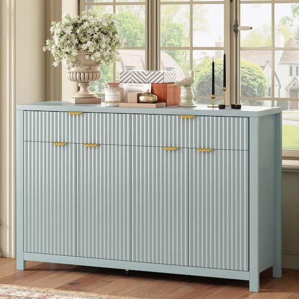 Sideboard in Matte Cyan Finish with Modern Ribbed Surface