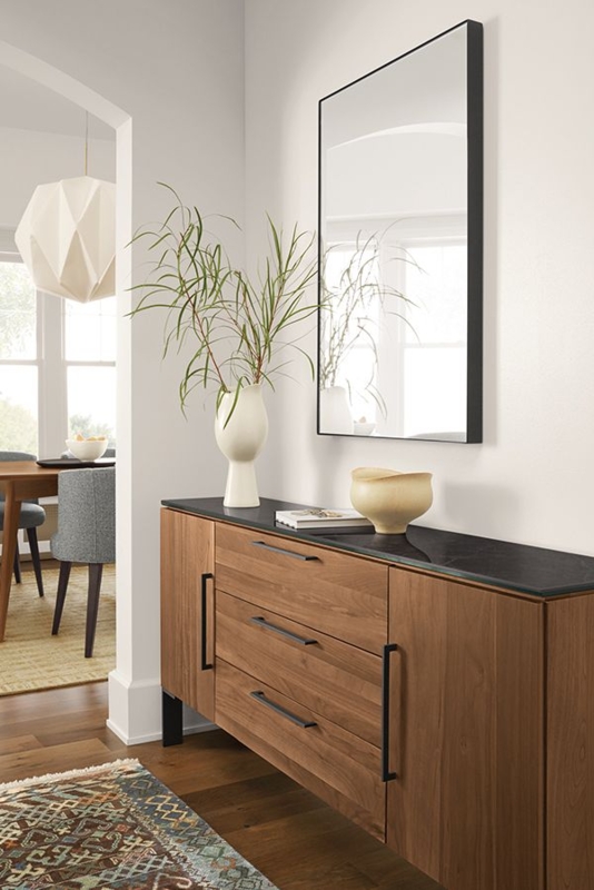 Sideboard with Dark Stone Top and Slim Black Metal Pulls