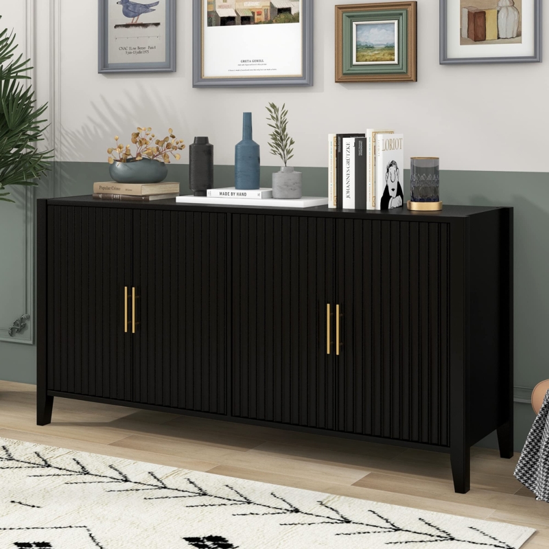 Sideboard with Ribbed Doors, Matte Black Finish and Gold Hardware