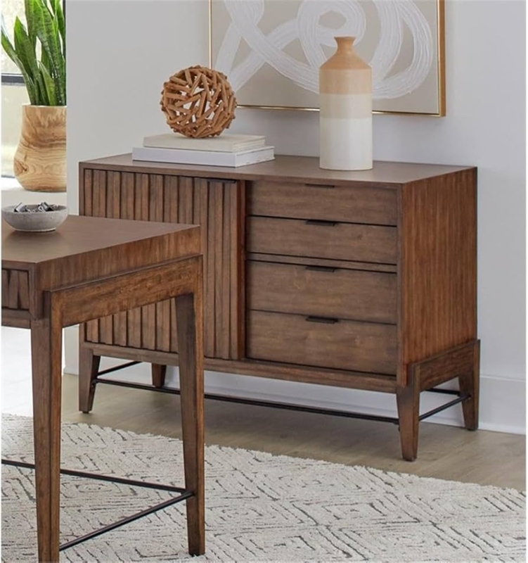 Sideboard Wood Toned Tapered Legs Slatted Sliding Door Mid-Century Style