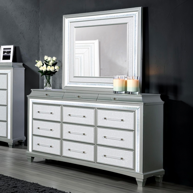 Silver Double Dresser with Integrated LED Lighting and 12 Drawers