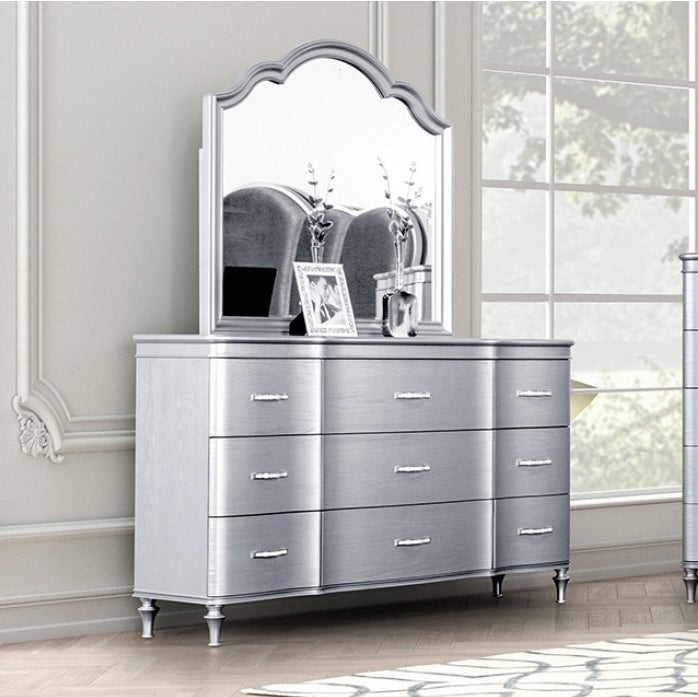 Silver Dresser with Scalloped Mirror Frame and Ribbed Pulls