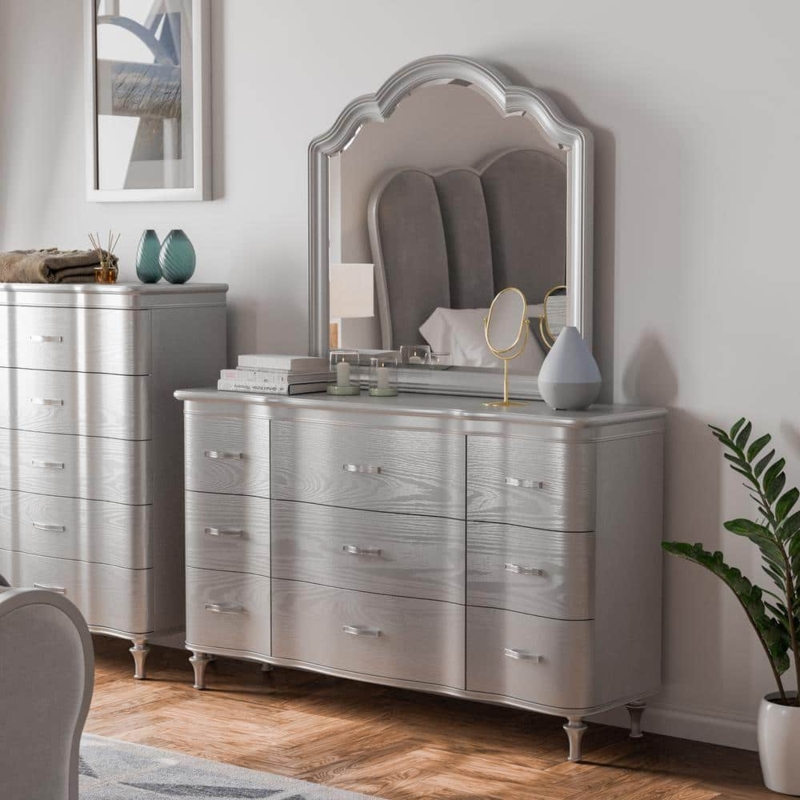 Silver Glam Bedroom Dresser Set: Arched Mirror & Acrylic Pulls