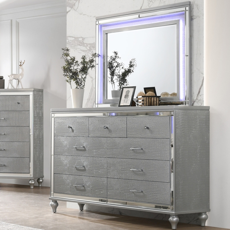 Silver Glam Dresser with Alligator Texture and LED Backlit Mirror