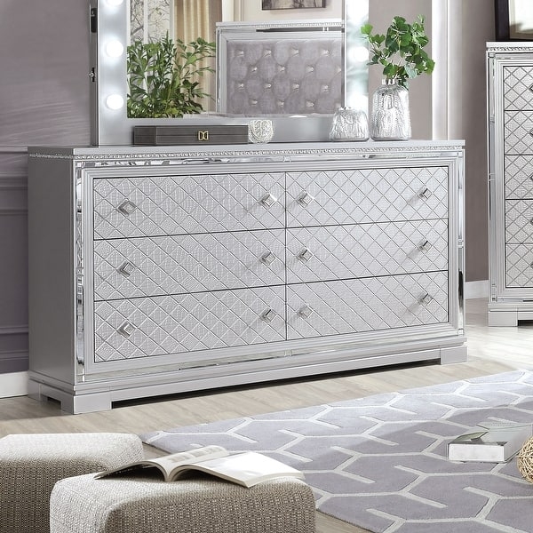 Silver Metallic Dresser with Quilted Drawer Fronts and Mirrored Trim