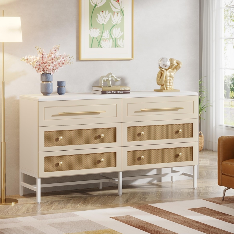 Six Drawer Chest Cane Webbing Metal Base Bohemian Style Cream