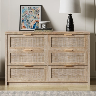 Six Drawer Coastal Dresser with Cane Fronts and Gold Hardware