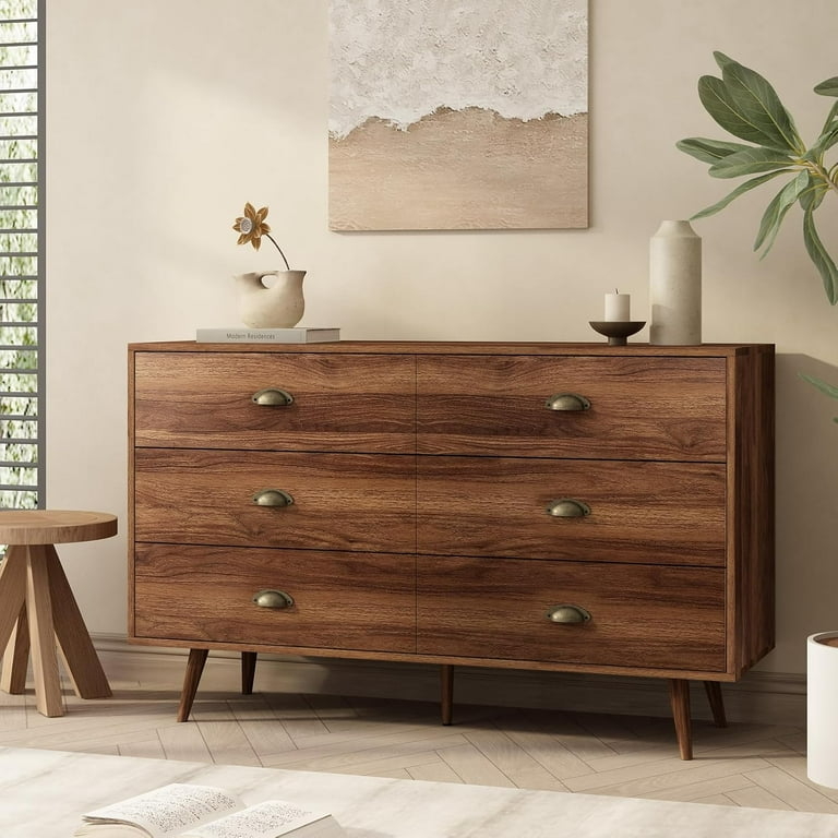 Six-Drawer Double Dresser Walnut Brown Cup Pulls, Tapered Legs Styling