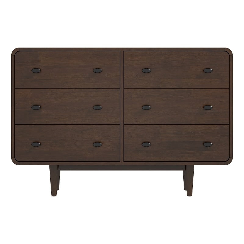 Six-Drawer Double Dresser Walnut Brown, Rounded Corners Oval Knobs