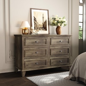 Six-Drawer Double Dresser Weathered Brown Finish, Tapered Square Legs