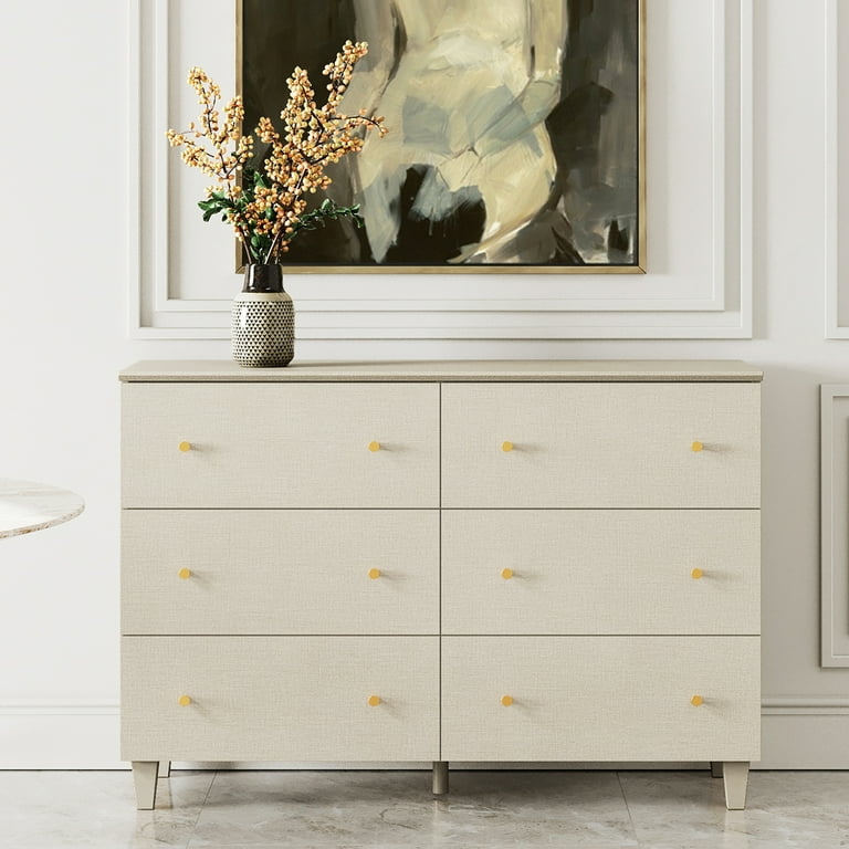 Six-Drawer Double Dresser with Linen-Like Texture and Gold Hardware