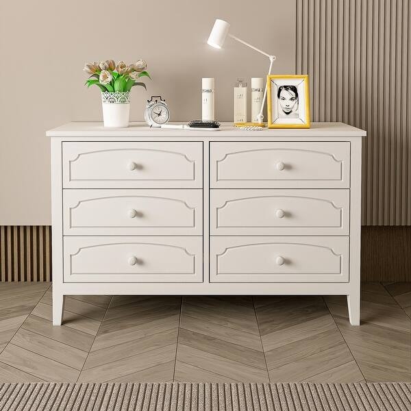 Six-Drawer Dresser Arched Panels White Contemporary Roman Style