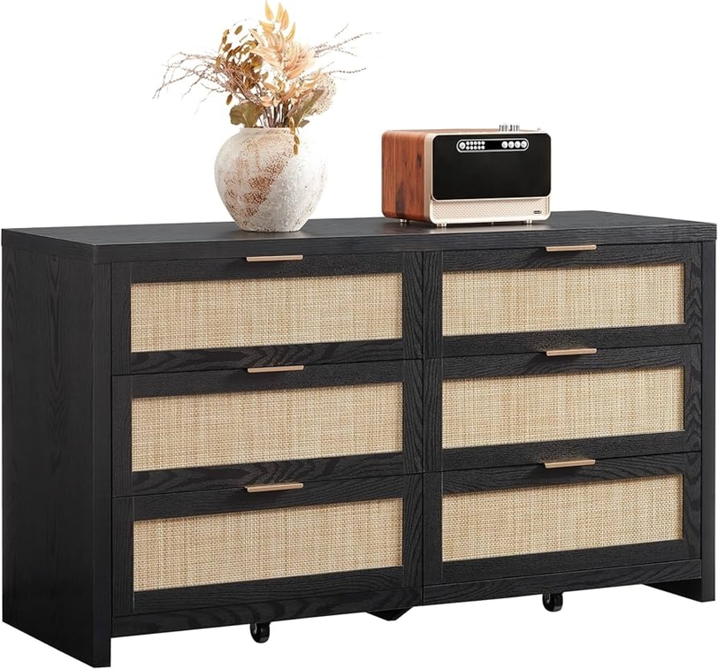 Six-Drawer Dresser, Black Oak Finish, Woven Cane Panels, Gold Pulls
