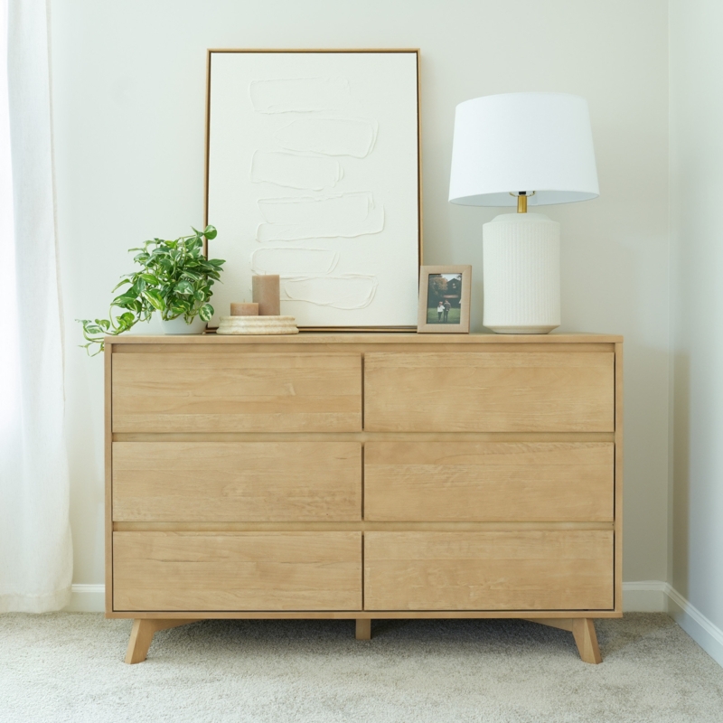 Six Drawer Dresser Blonde Finish Handleless Fronts Tapered Legs