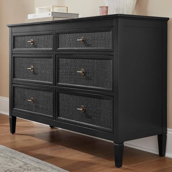 Six-Drawer Dresser, Cane Fronts, Tapered Legs, Black, Brass-Toned Hardware