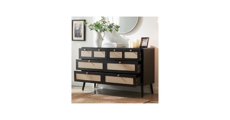 Six-Drawer Dresser, Curved Top Corners, Woven Cane Panels, Matte Black
