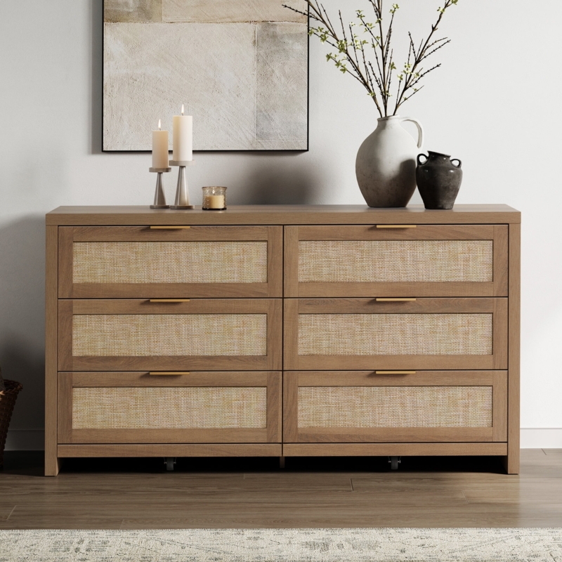 Six-Drawer Dresser Featuring Cane Inlay and Gold Hardware