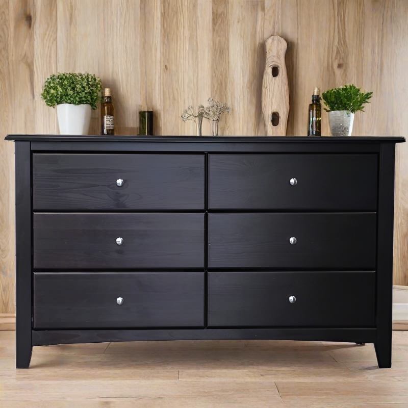 Six-Drawer Dresser in Espresso with Silver Knobs and Arched Apron