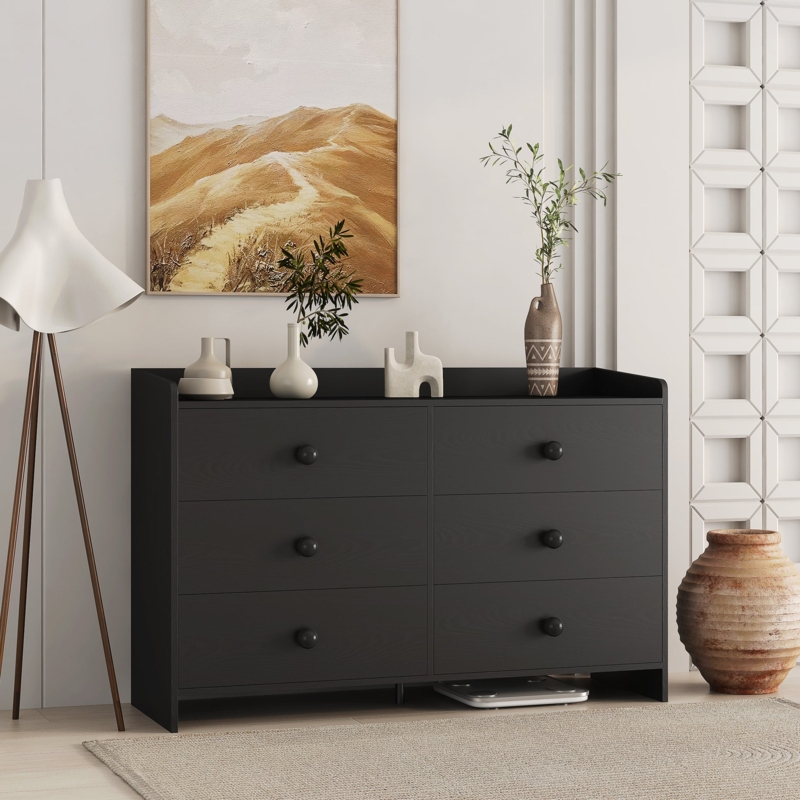 Six-Drawer Dresser in Matte Black with Minimalist Round Knobs