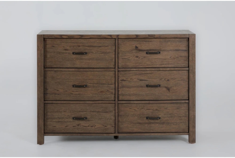 Six-Drawer Dresser Medium Brown Wood-Tone, Horizontal Metal Pulls