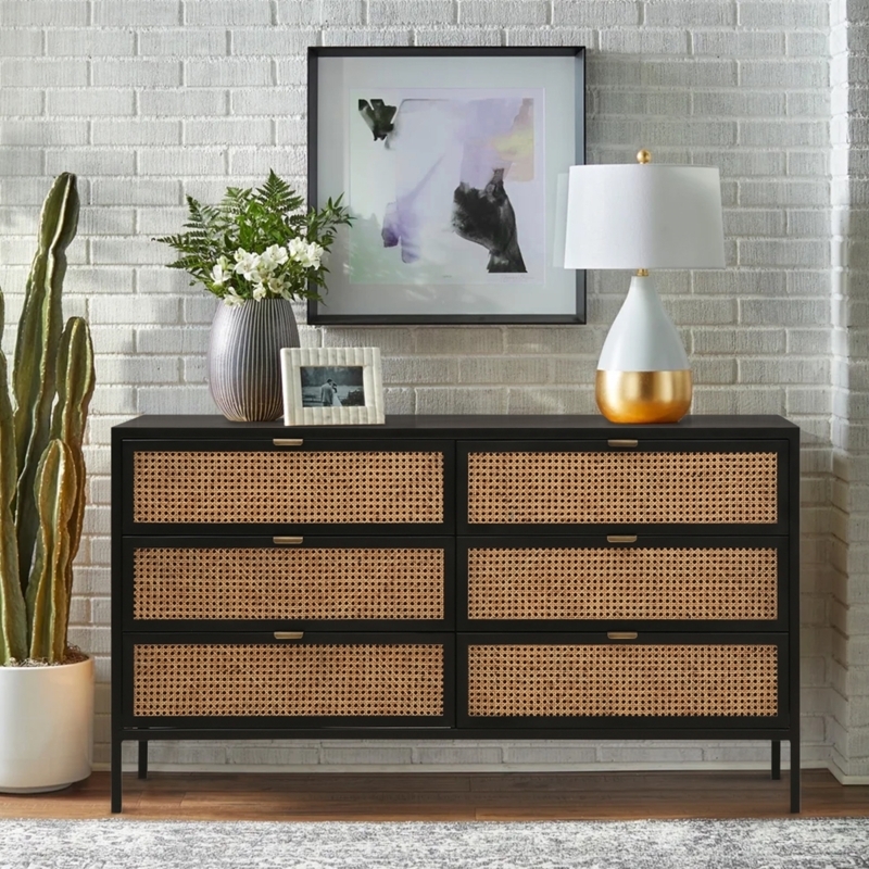 Six-Drawer Dresser, Natural Rattan Cane Fronts, Matte Black Frame, Slim Legs