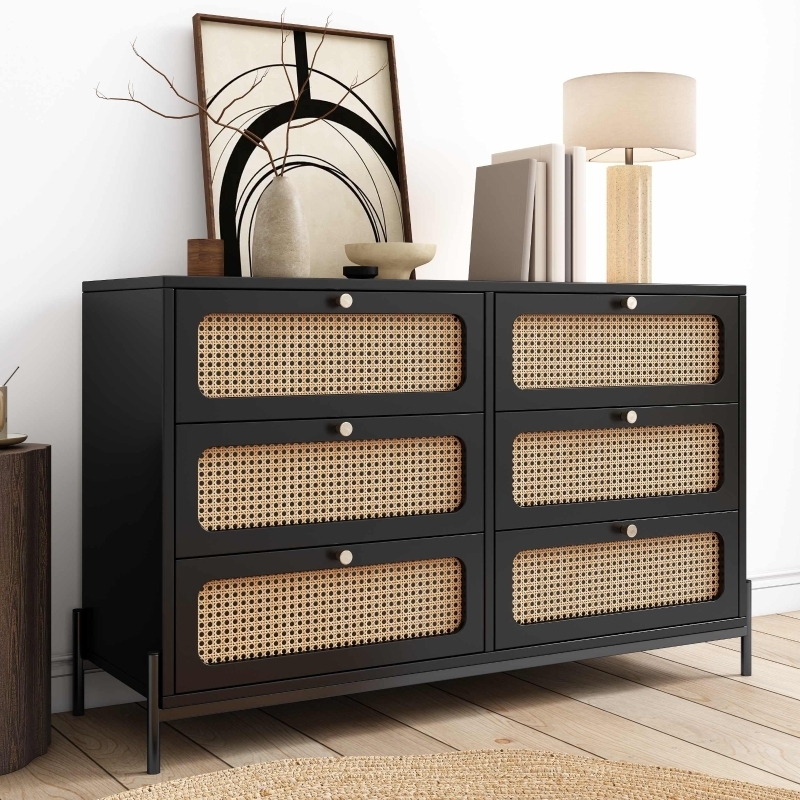 Six-Drawer Dresser, Pill-Shaped Cutouts, Woven Rattan, Black, Brass Knobs
