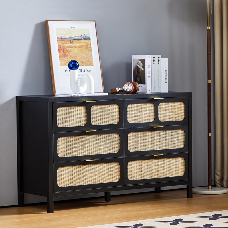 Six-Drawer Dresser, Rattan Panels, Gold Horizontal Pull Handles, Matte Black