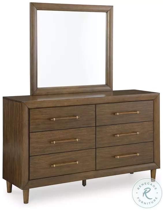 Six-Drawer Dresser with Matching Mirror, Medium Brown & Tapered Legs