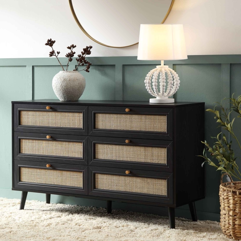 Six-Drawer Dresser, Woven Rattan Panels, Matte Black Finish, Tapered Legs