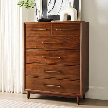 Six-Drawer Tall Chest Warm Walnut Brown, Slim Brass Pulls
