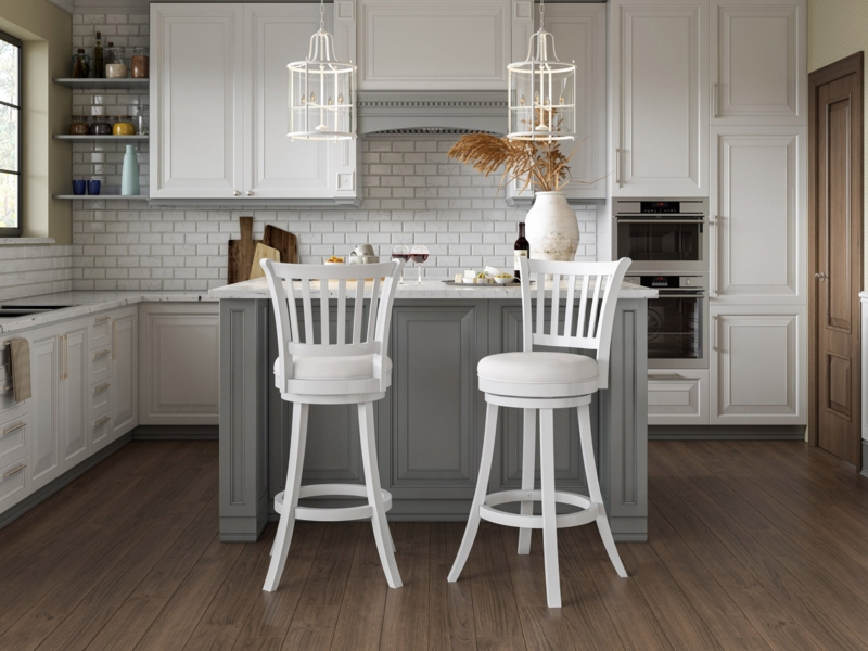 Slat Back Swivel Bar Stool White Finish with Circular Footrest Ring