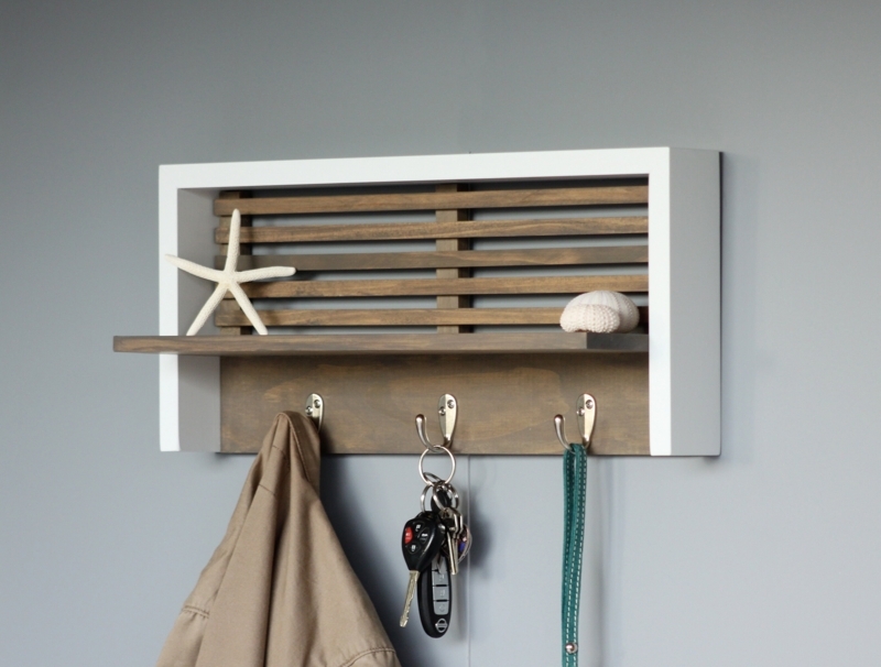Slat Back Wall Coat Rack Integrated Shelf Two Tone Finish