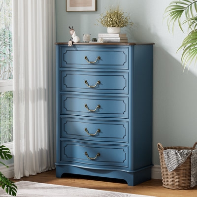Slate Blue Farmhouse Chest of Drawers with Contrasting Wood Top