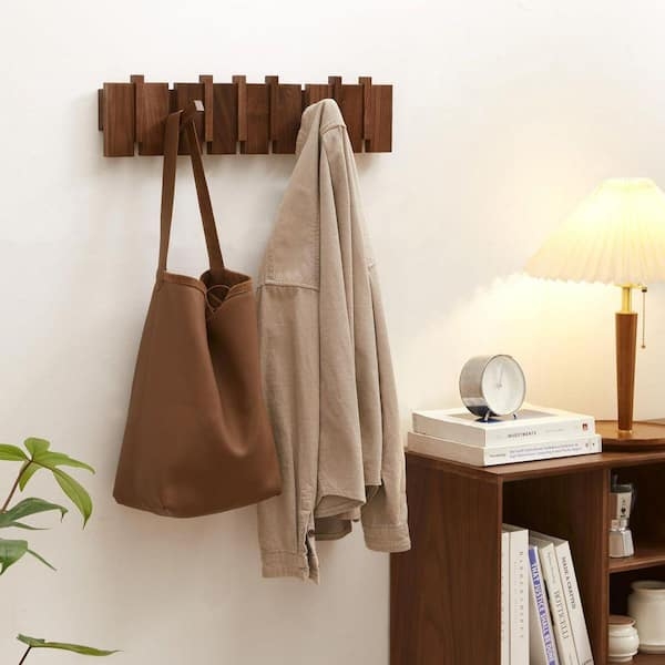 Slatted Coat Rack Walnut Brown Integrated Hooks Japandi Style