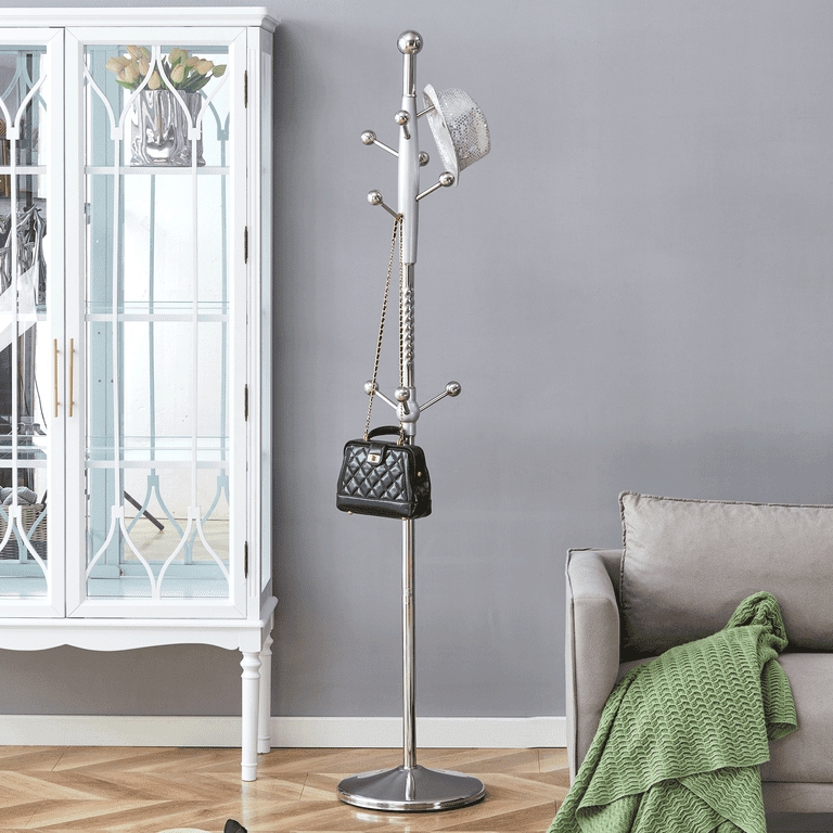 Sleek Coat Rack, Polished Silver Tiered Ball-Tipped Hooks, Circular Base